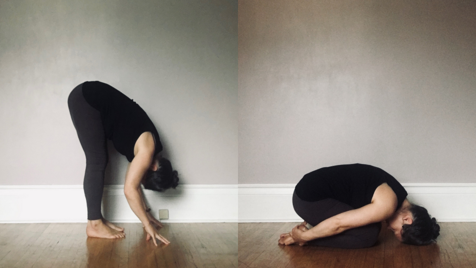 Image illustrating two calming forward folds- Standing Forward Fold or Uttanasana and Child's Pose or Balasana