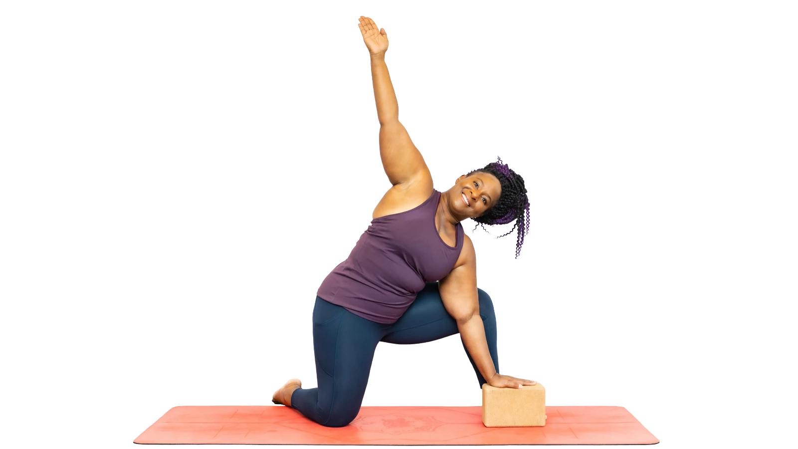 Yoga student demonstrates how to do beginner modification of Extended Side Angle Pose (Sanskrit name: Utthita Parsvakonasana)