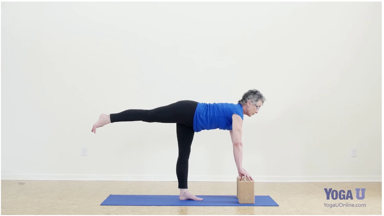 Practicing Warrior lll ( Virabhadrasana lll) with blocks for a variation and support to explore the glutes' role in backbends