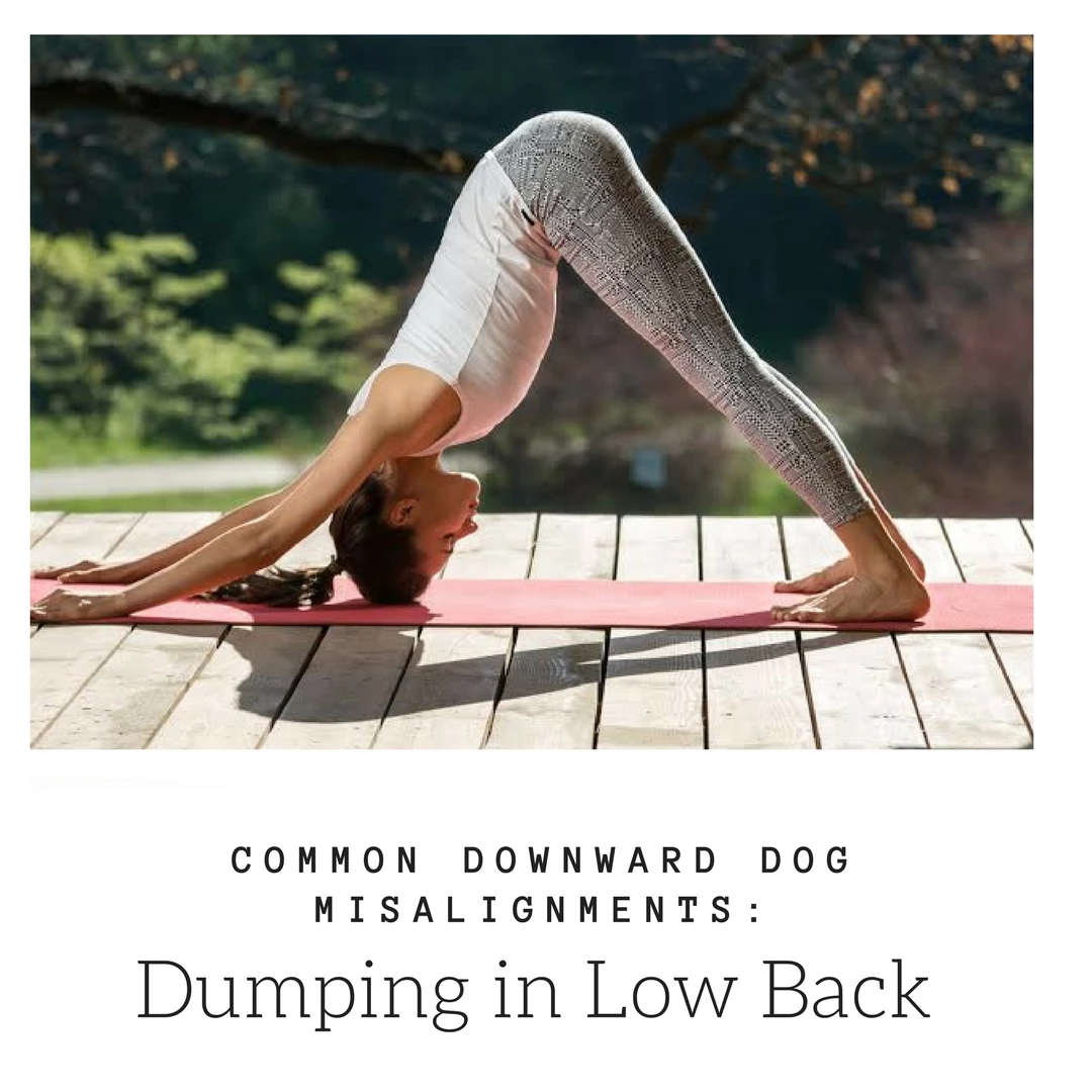A woman in downward facing dog (Adho Mukha Svanasana) in a common misalignment: dumping in the low back