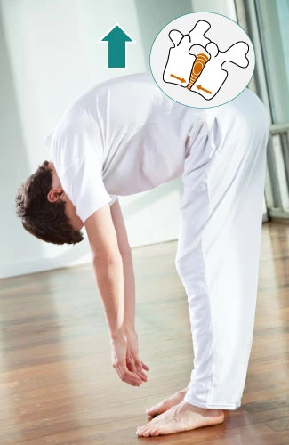 rolling up image from yoga forward fold pose with graphic of vertebra