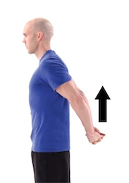 man practicing a shoulder stretch with arms clasped behind his back to relieve neck pain