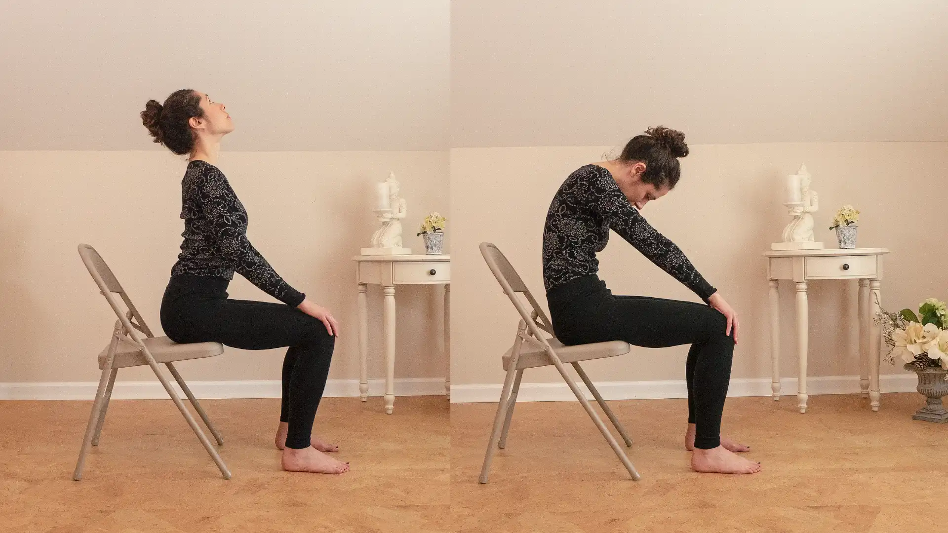 Woman practicing yoga Cat Pose (Marjariasana) and Cow Pose (Bitilasana) in a chair.