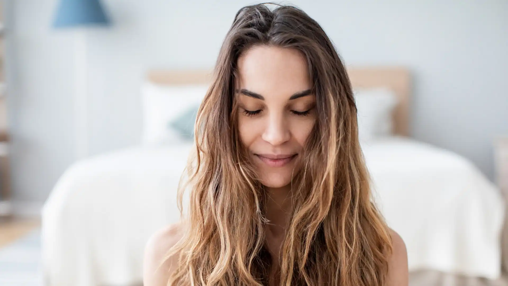 Closeup of woman practicing yoga meditation.