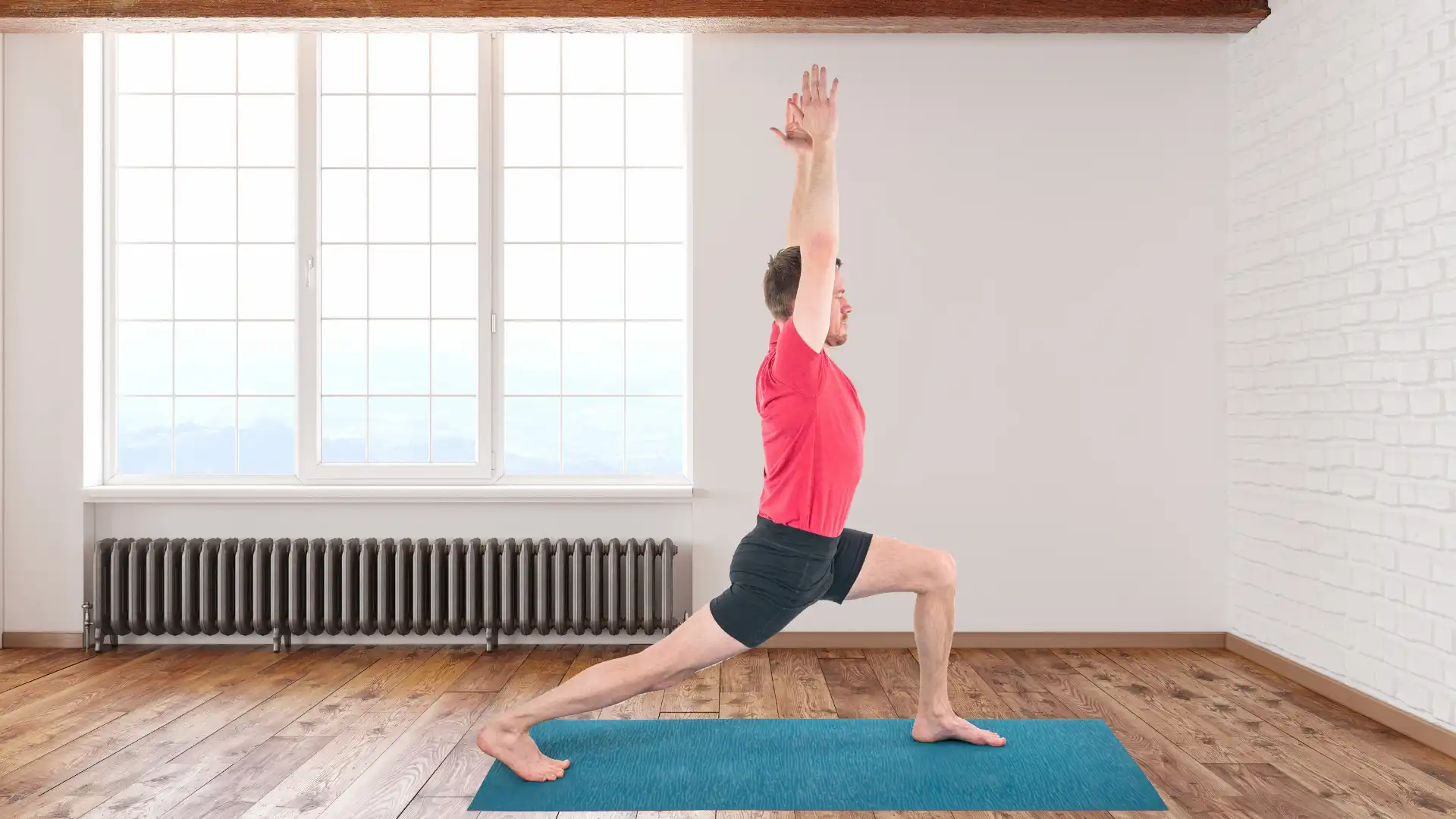 Man practicing yoga crescent lunge pose.