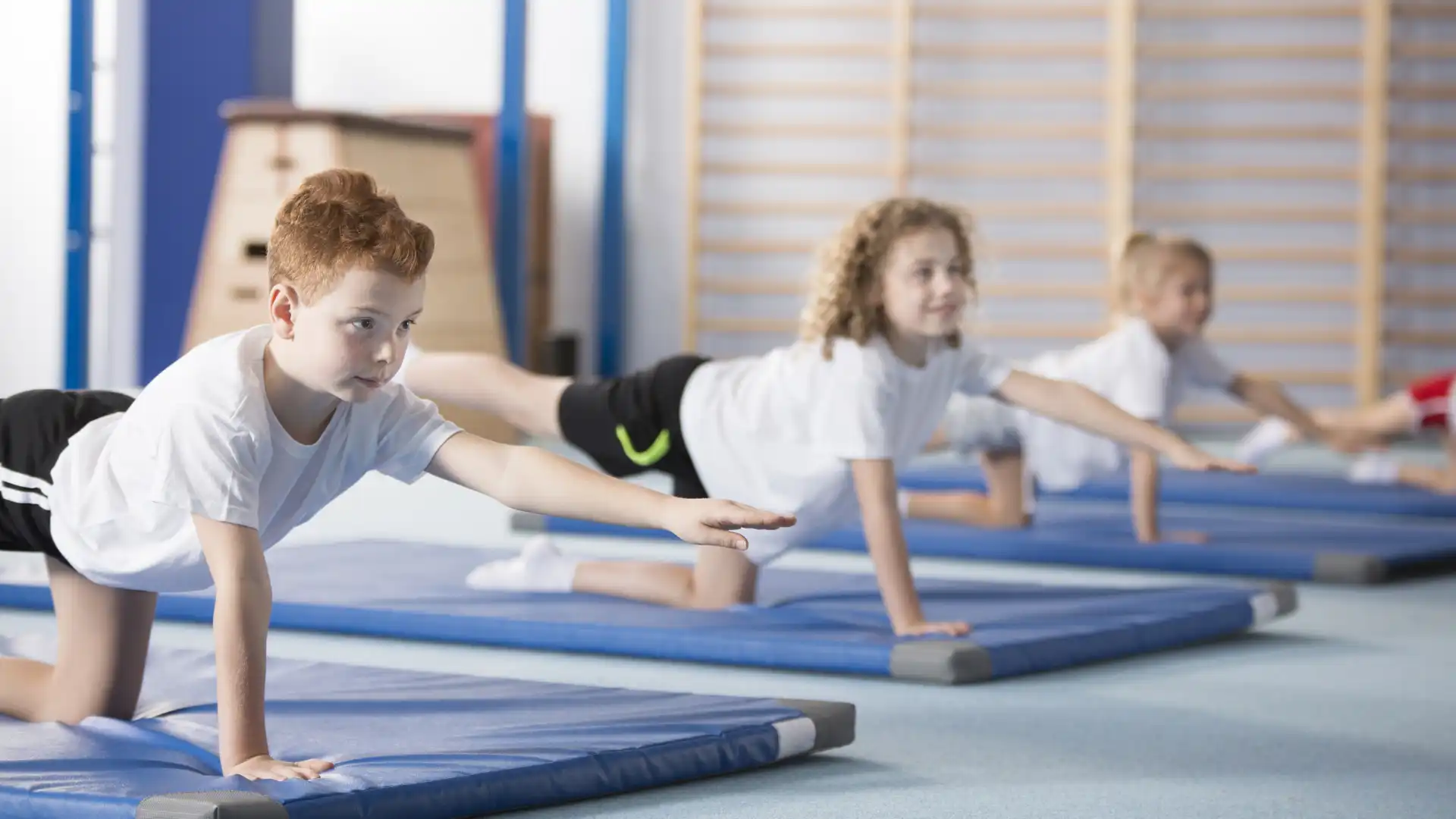 School children practicing yoga in gym class.