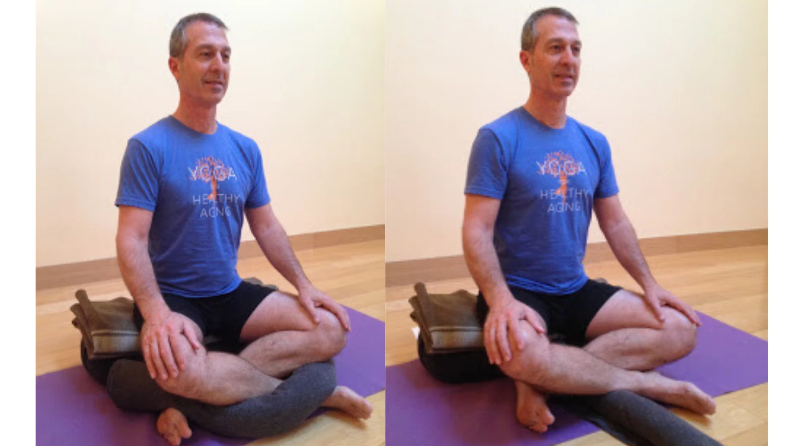 male yoga instructor demonstrating sukhasana variations