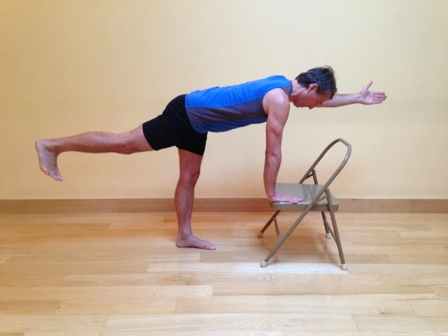 Parsva Balasana, Bird-Dog Pose, Bird-Dog Pose with arm and leg extention, balance pose, Bird-dog variation with chair as prop