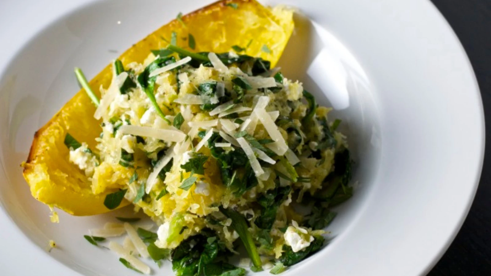 Natural quick comfort foods with spaghetti squash, spinach, and feta