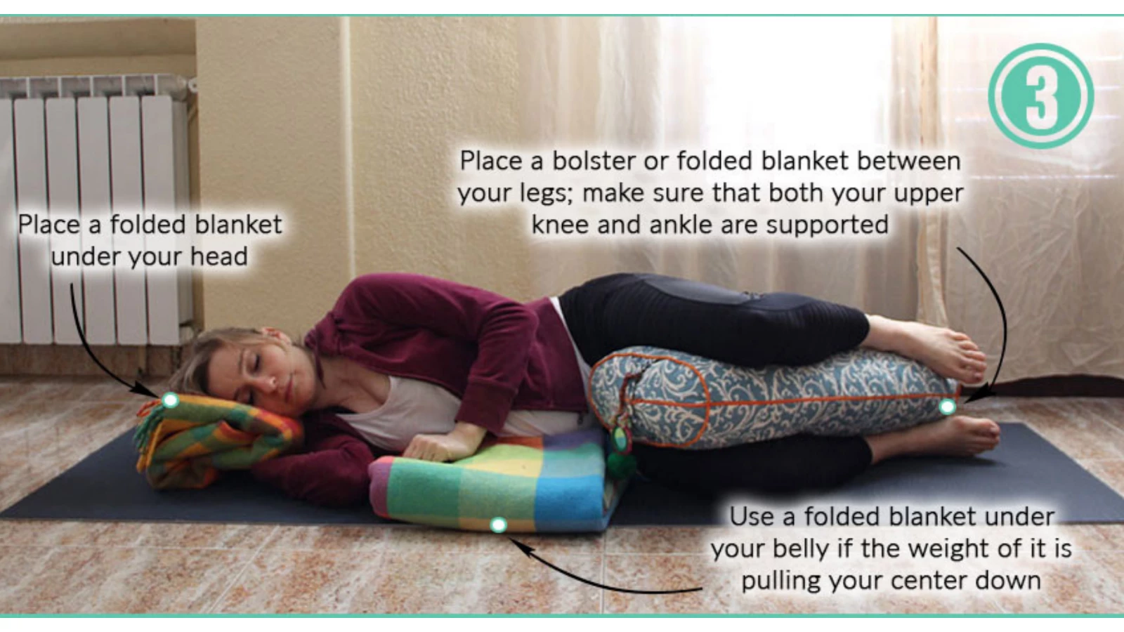 A yoga modification for pregnancy: How to safely practice Side-Lying Savasana with bent knees and bolsters while pregnant