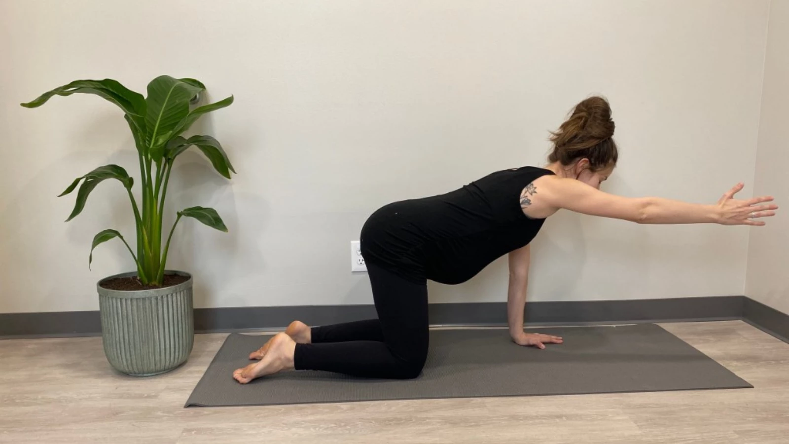 Yoga teaching tips to practice Bird-Dog Pose (Dandayamana Bharmanasana) Progression for pregnant students to activate pelvic floor muscles