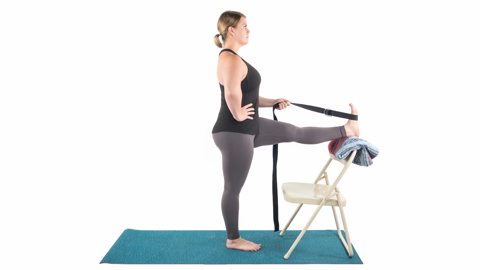 Three Versions of Hand-to-Big-Toe Pose: Extended Hand to Toe Pose standing not seated and using a chair and a strap focusing on hamstring lengthening