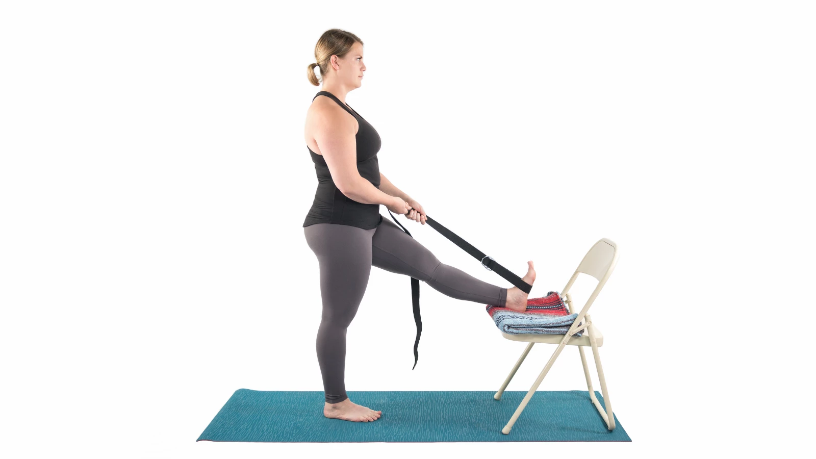 Three Versions of Hand-to-Big-Toe Pose: Standing Hand to Toe Pose, Using Props in Yoga, Yoga with a chair, using a strap in Standing Hand-to-Toe-Pose