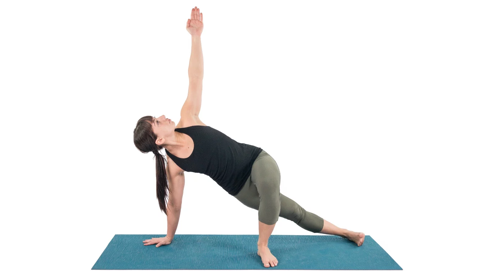 A woman practicing yoga for arm strength, in Side Plank Pose (Vashistasana)