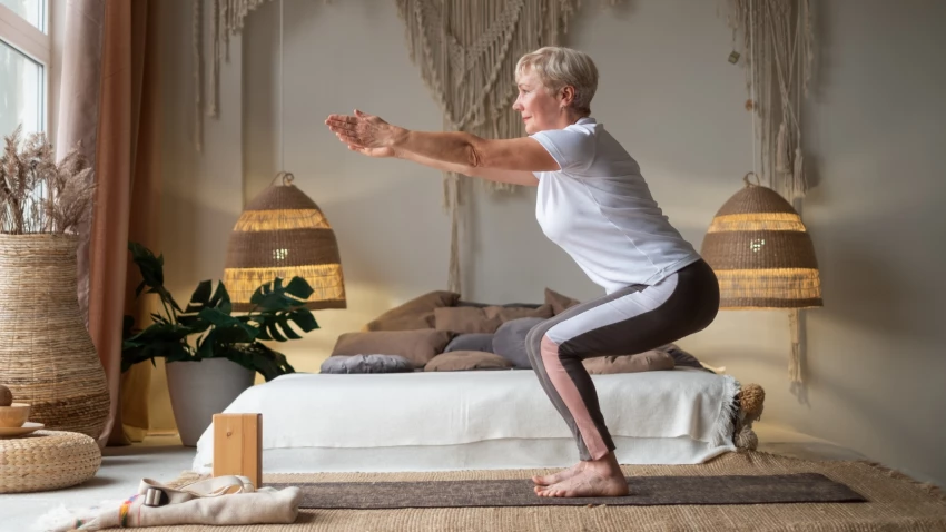 Senior woman practicing advanced yoga Chair Pose Utkatasana at home