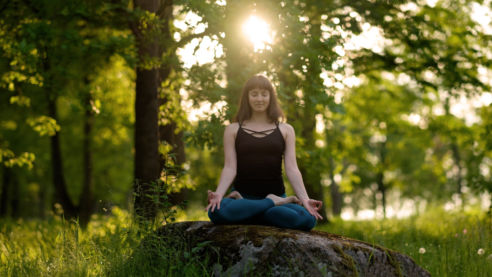 Meditation healthy life exercise concept. Sporty fit woman doing yoga outdoors.