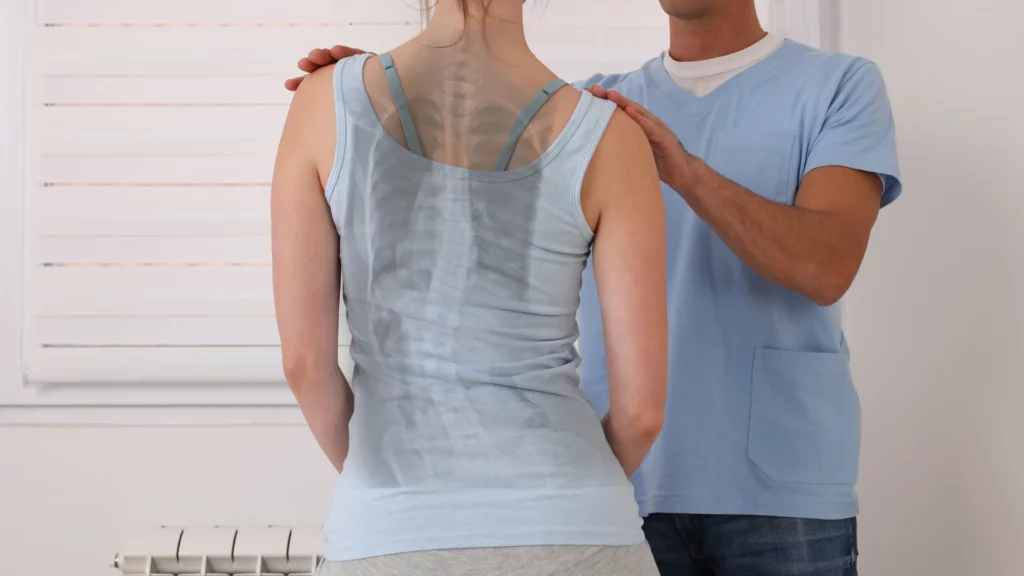 back pain and scoliosis (as seen in this image) might be helped with yoga practice