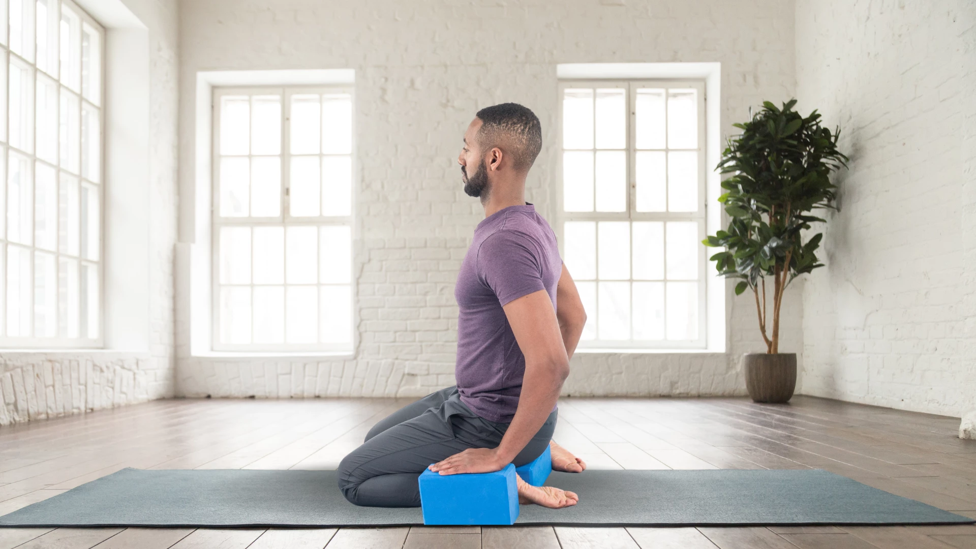 Using Props mindfully, as in this Virasana or Hero's Pose, is a great way to avoid yoga-related injuries caused by pushing too hard.