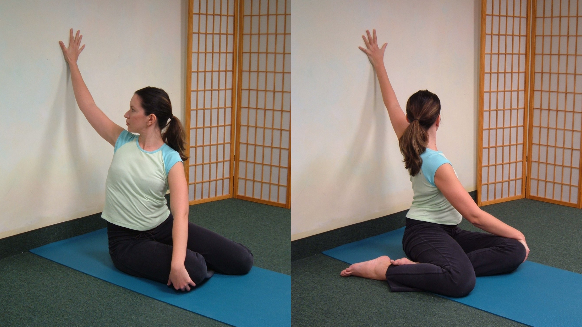 Image depicts practicing on both sides of the body when practicing a seated twist.