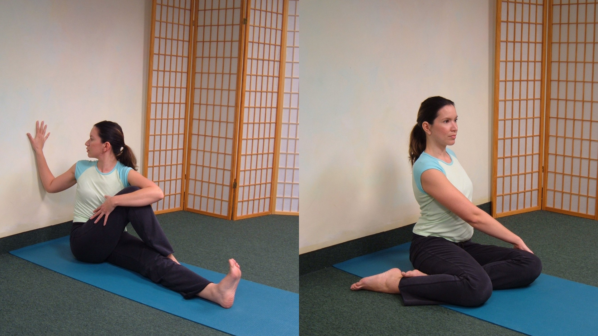 A variation of a Seated Spinal Twist practices away from the wall and extended leg variation.