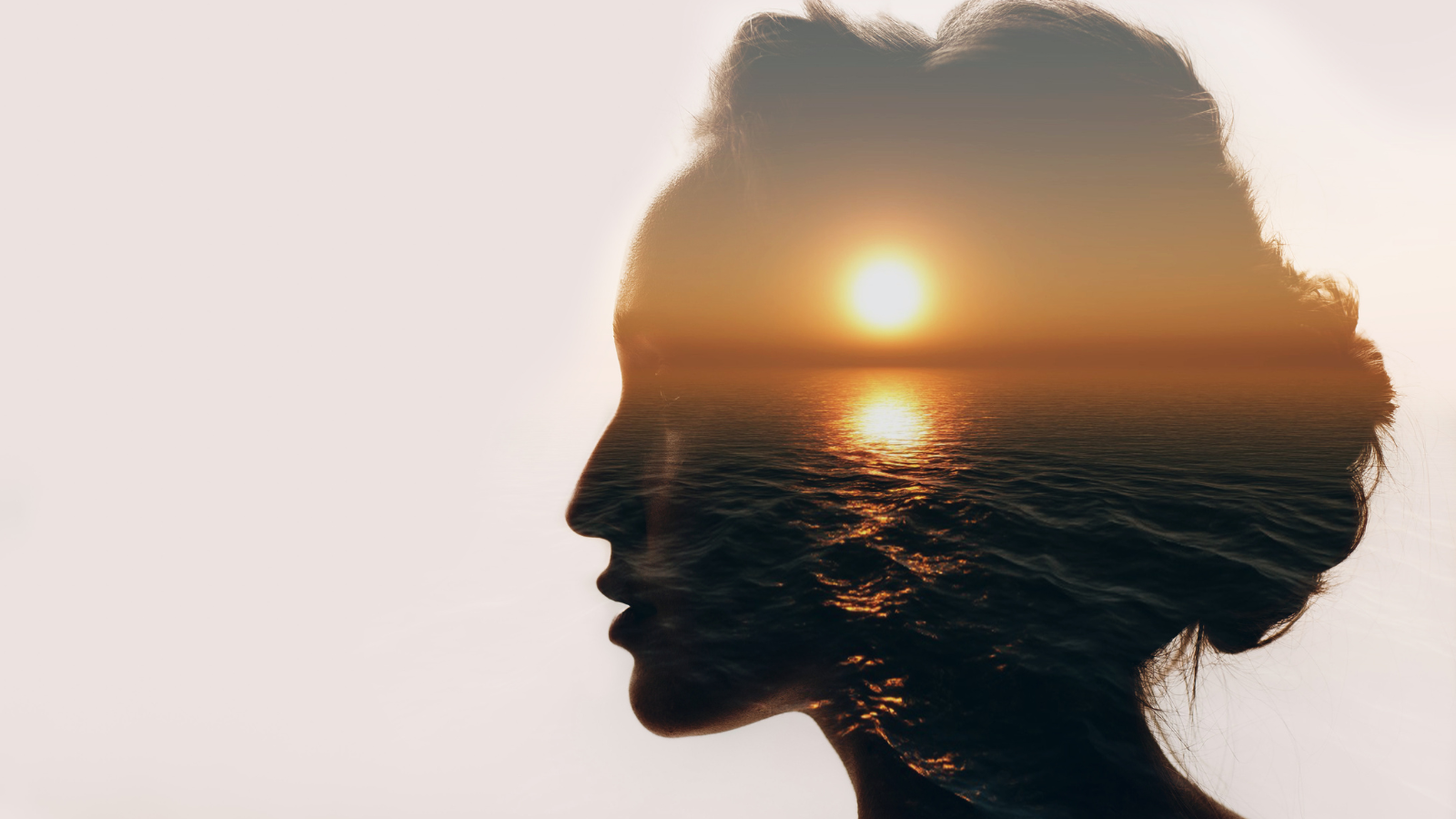 Psychology concept. Sunrise and woman silhouette.