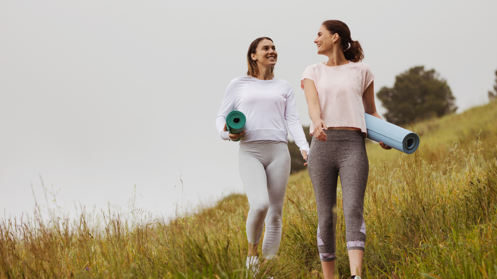 Smiling friends in fitness wear walking in the meadows with yoga mats. 