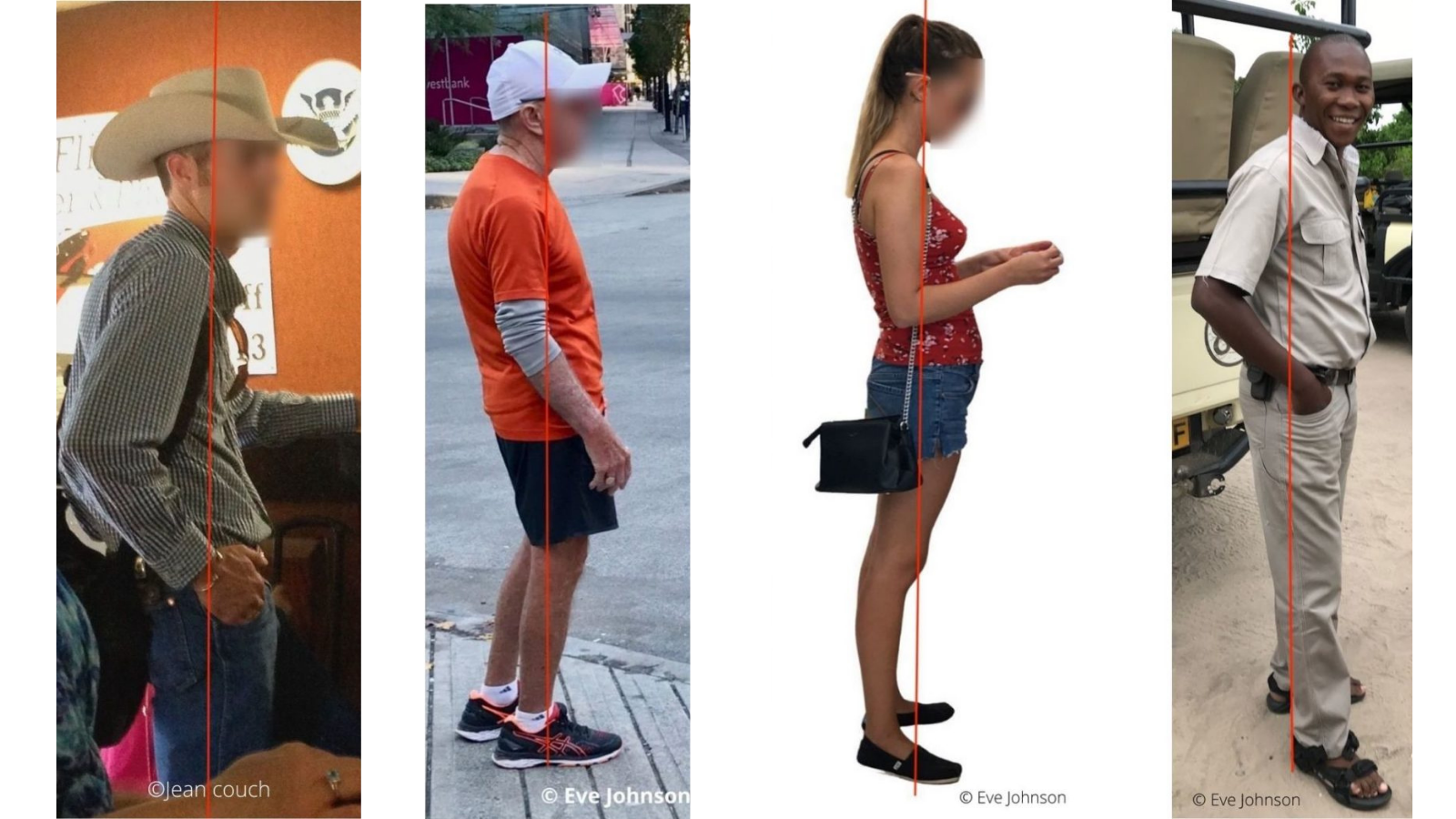  Images comparing different types of standing postures and how that effects the spine