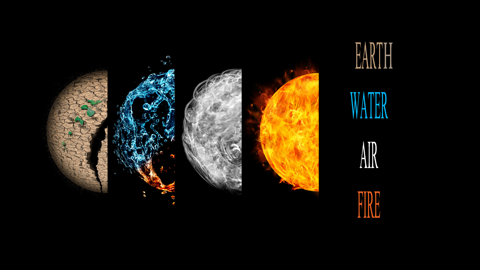 Four elements isolated on black.This article focuses on the fire element.