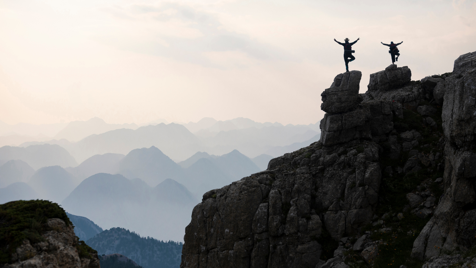 People in yoga position, peace and therapy in high mountains.