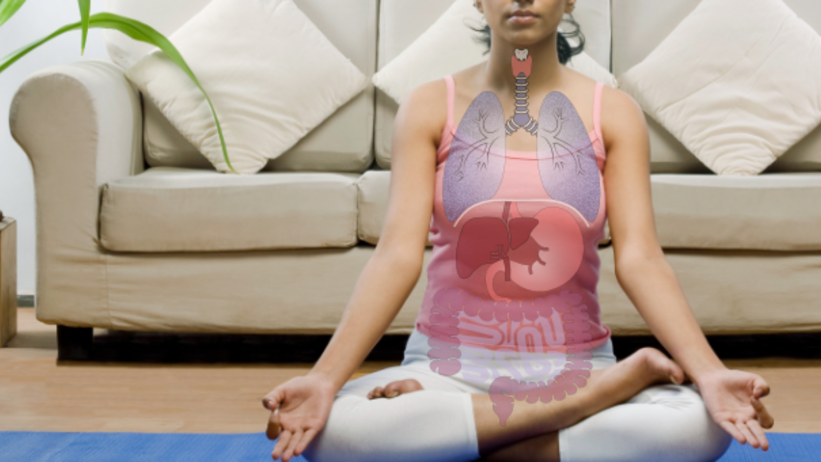 The healing within as a woman meditates in Lotus Pose (Padmasana) at home.