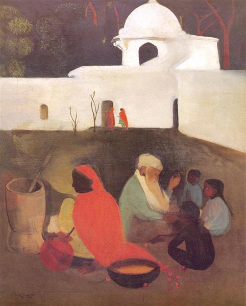 A painting titled Ancient Storyteller by Amrita Sher-Gil.