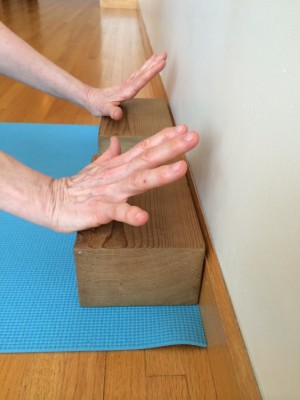 Downward Facing Dog Pose with props and wooden blocks against the wall