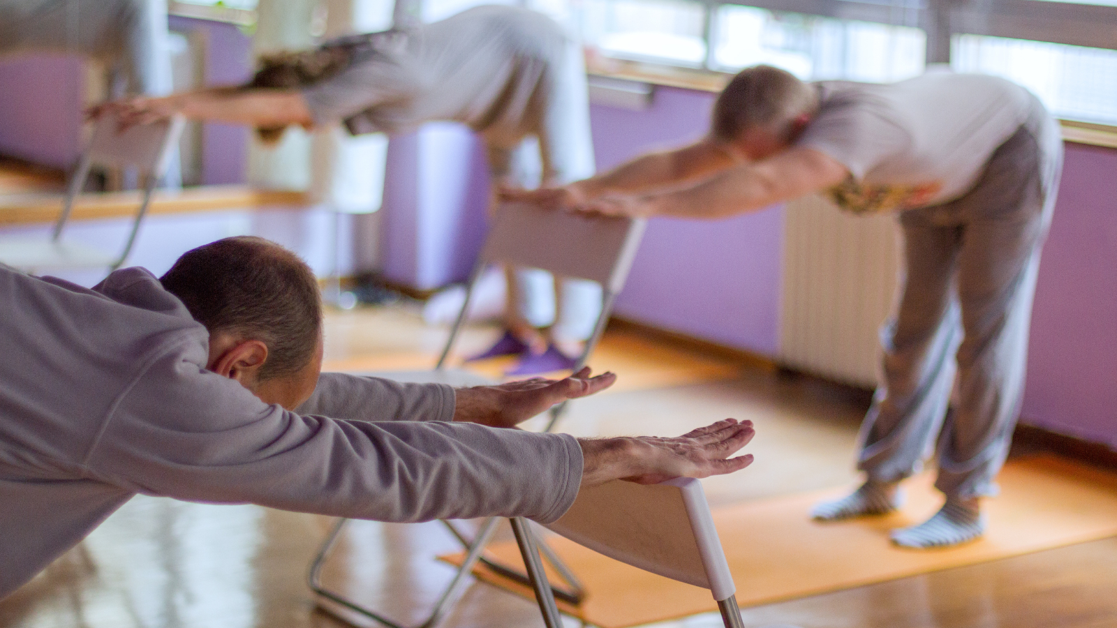  Mature yoga students practicing half forward bend with the support of chairs as a accessible variation. 