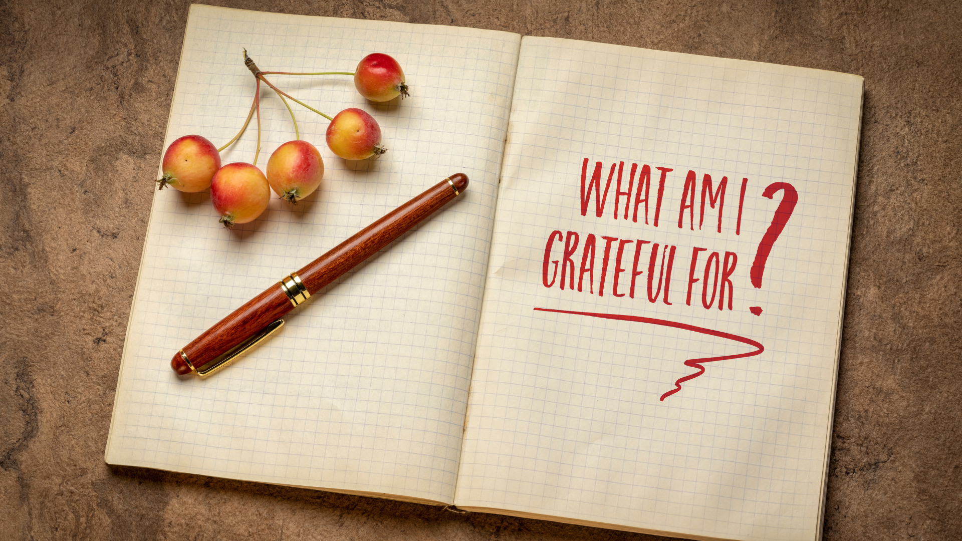 What am I grateful for? Handwritten question in an old notebook or journal with crab apples, Thanksgiving theme. 