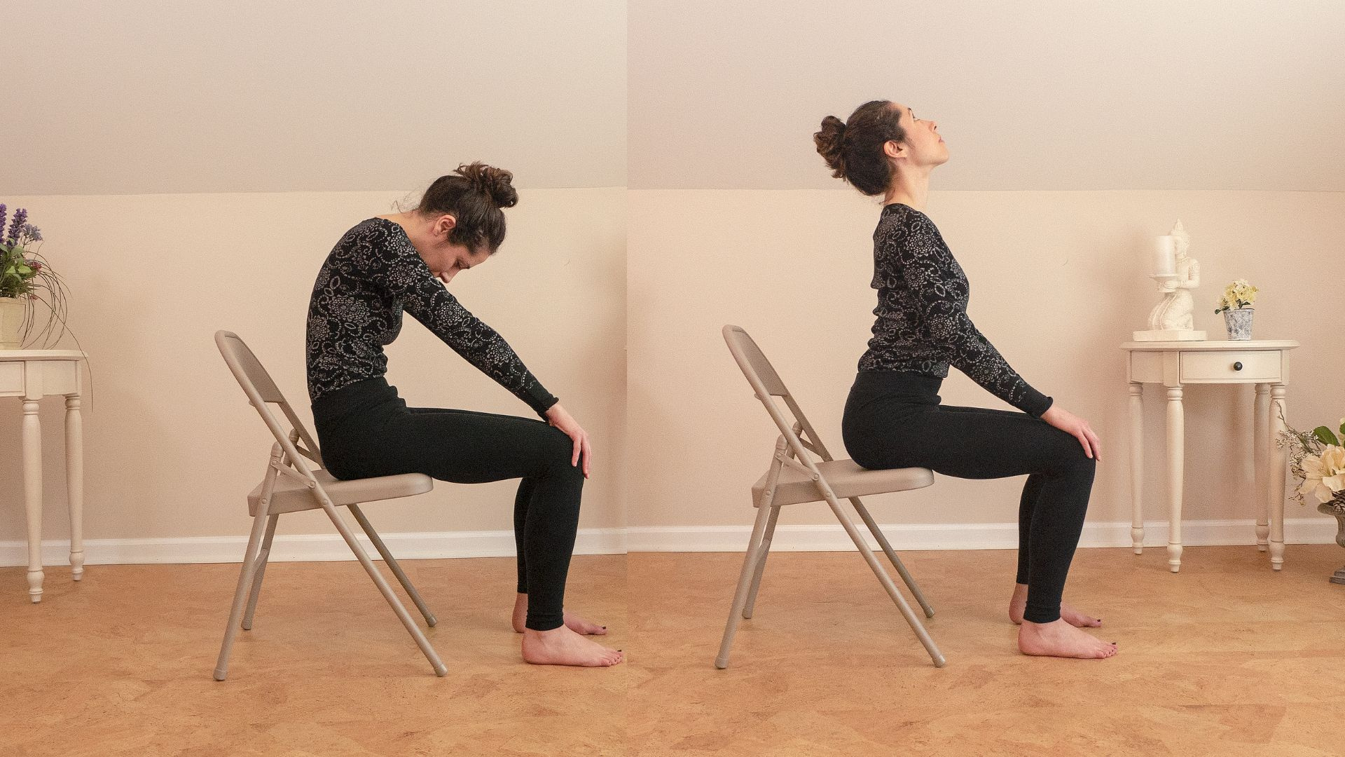 Practicing a yoga winter indoor sequence including seated Cat/Cow Pose which is wonderful, gentle spinal movement.