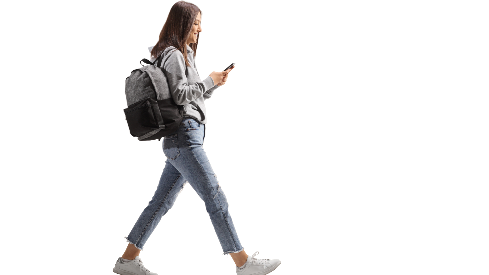 Girl walking in forward head posture creates strain in the muscles and text neck syndrome. 