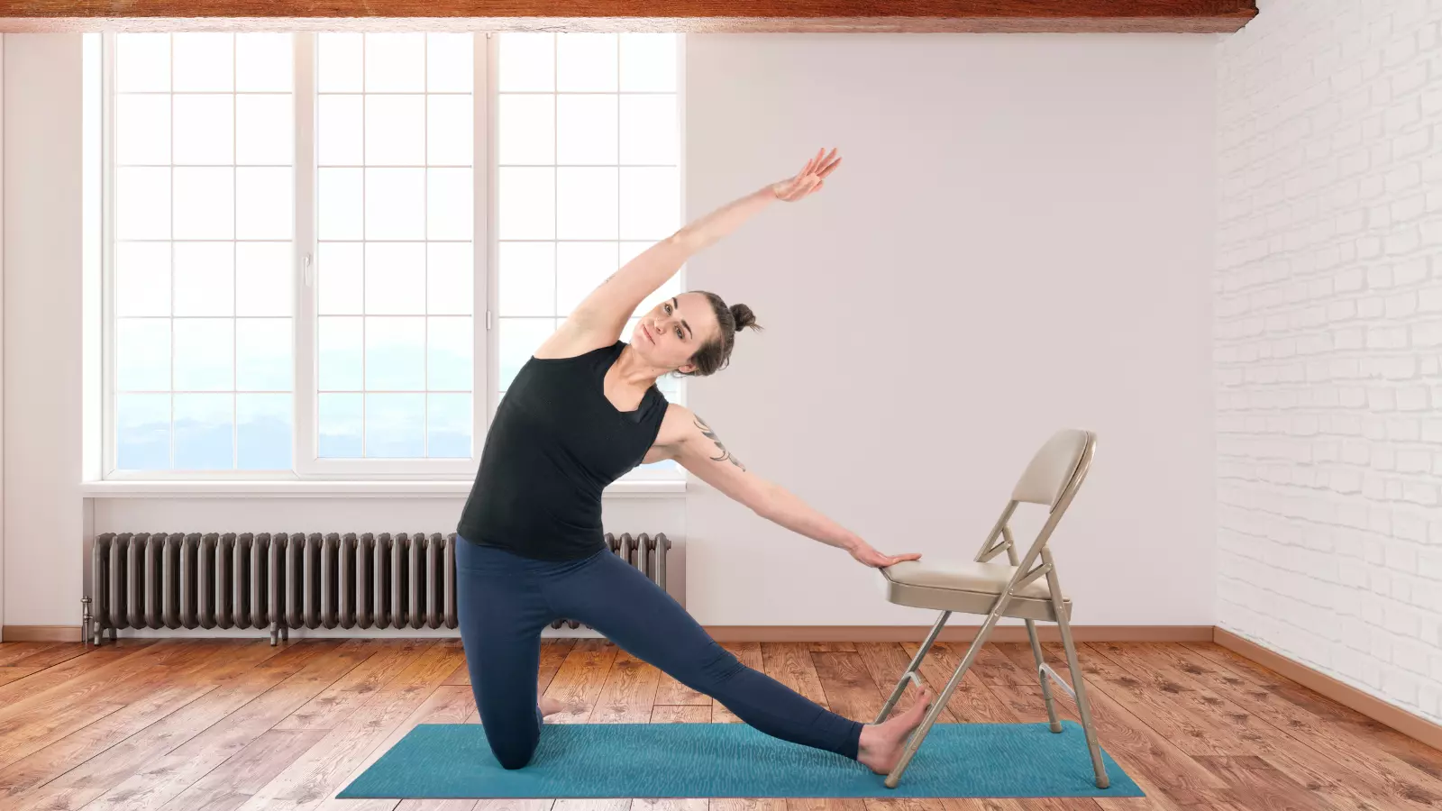 Gate Pose or Parighasana variation using a chair depicted here.