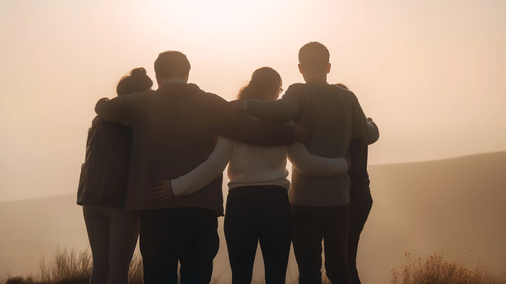 A family united and embracing in a sunset, after the loss of a loved one. Family giving each other support and encouragement and going through grief collectively.