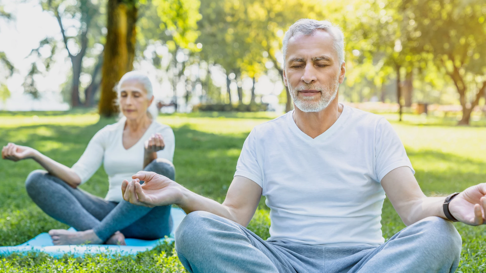 Yoga at park. Senior couple sitting in Lotus Pose on green grass in calm meditation which is great for hypertension.