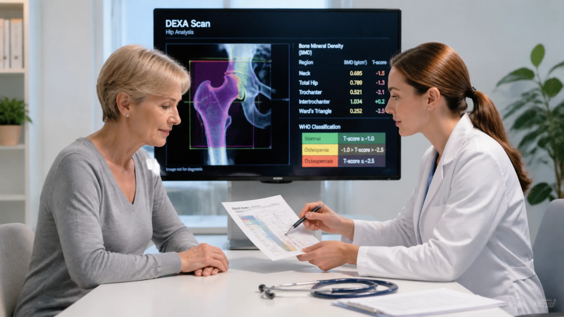 Woman and doctor reviewing bone scan report with DEXA hip image on wall behind them