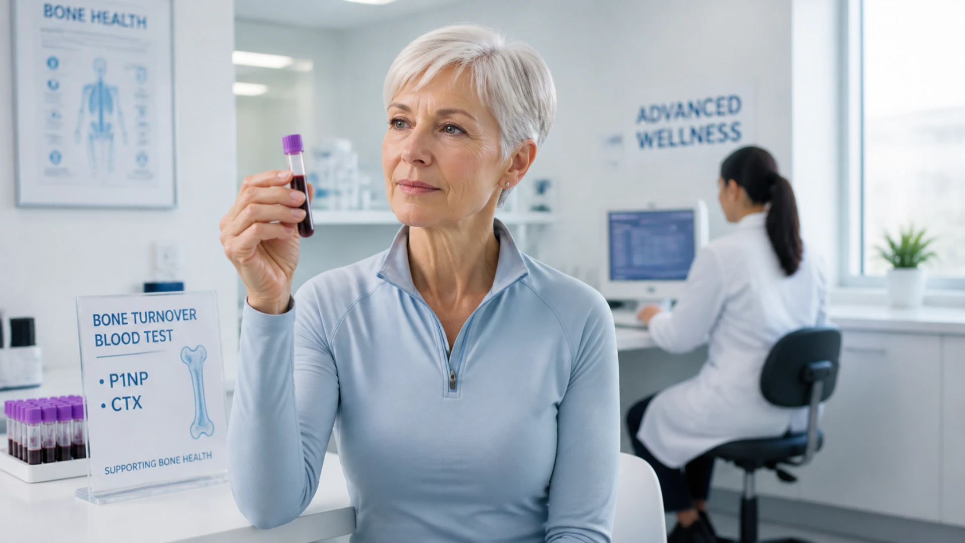 Woman reviewing bone turnover marker blood test in clinic