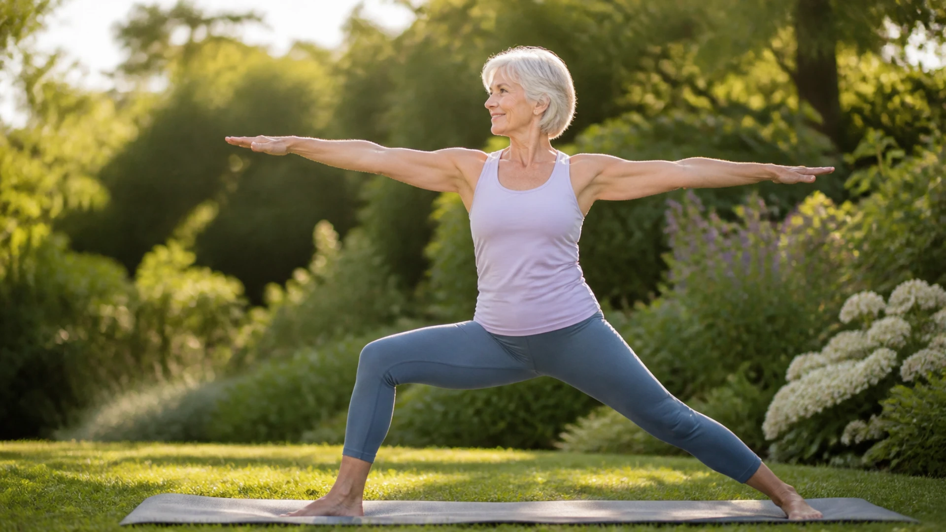 Strong silver-haired woman in Warrior II yoga pose outdoors — bone strength and vitality