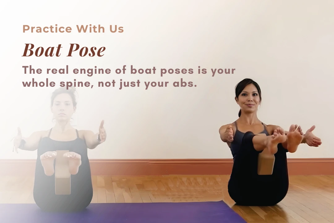 Jasmine Punzalan demonstrating Boat Pose (Navasana) seated with a block between her thighs, chest lifted and legs raised.