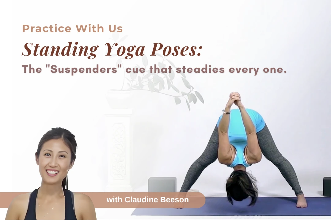 Claudine Beeson demonstrating a standing yoga pose, Warrior II, with open arms and front knee tracking over the ankle.