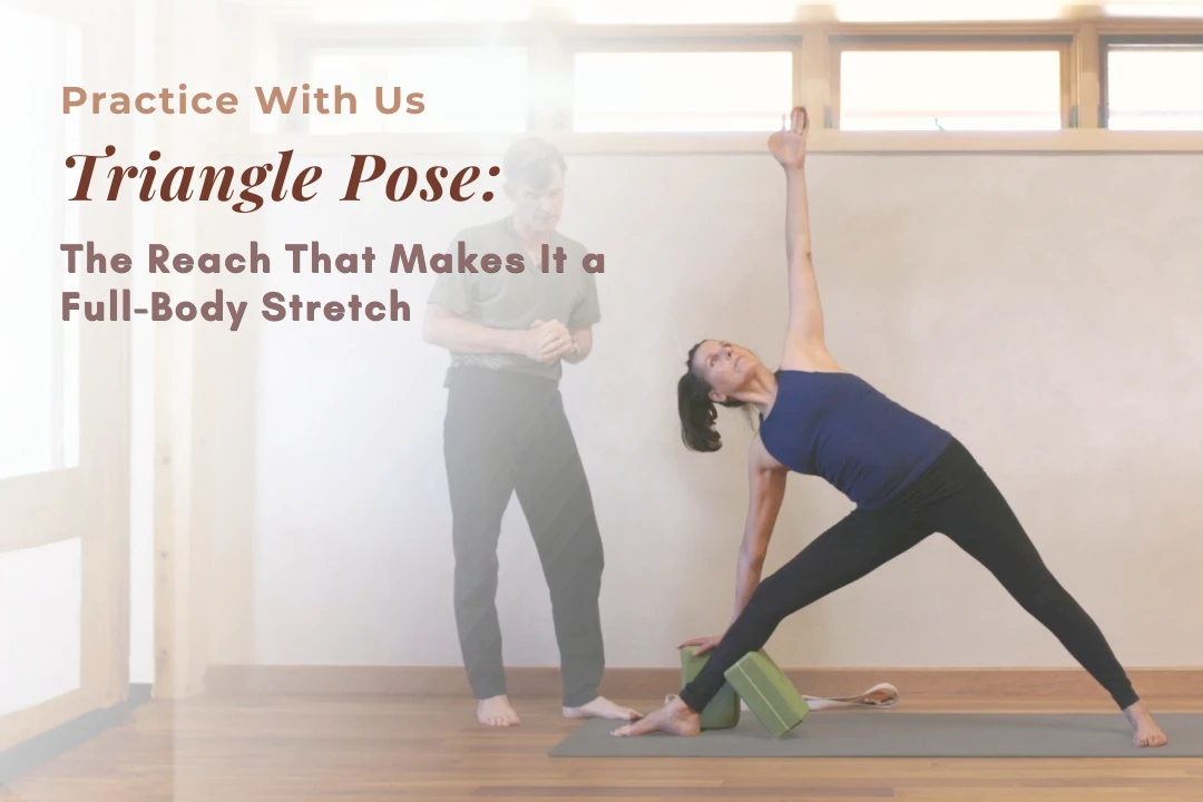 Tias Little demonstrating Triangle Pose (Utthita Trikonasana) with a block under the bottom hand and top arm reaching toward the ceiling.